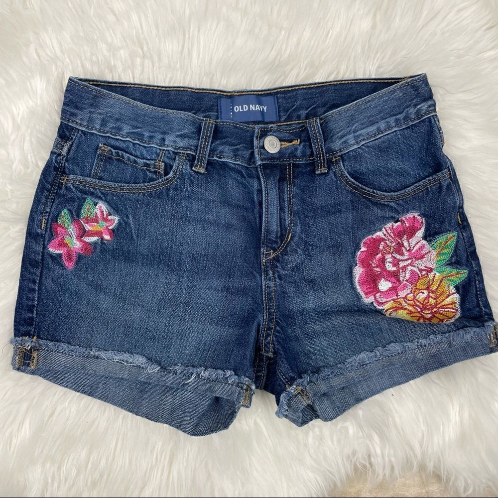 Old Navy floral embroidered shorts size 12 adjustable waist, denim blue …